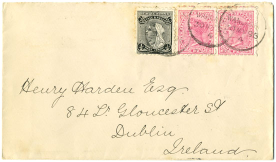 1896 cover: New Zealand to Dublin at reduced rate